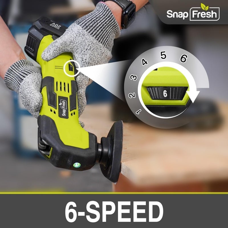 SnapFresh أداة متعددة الاهتزازات لاسلكية، مجموعة أدوات DIY 20V، 6 سرعات، زاوية اهتزاز 3.2°، قفل سريع قابل للتبديل، 24 قطعة ملحقات، بطارية وشاحن سريع، للتجريف، شفرات الصنفرة، القطع - Image 2